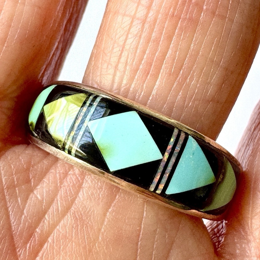 Navajo Mens Wedding Band Turquoise Opal Ring Sz 12 Multi Inlay 9mm Mens Tolino